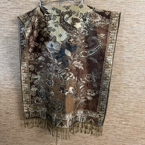 Pashmina Scarf Shawl Floral Paisley Cream Brown Cashmere Silk Soft 28.5”x 66” - Picture 3 of 10